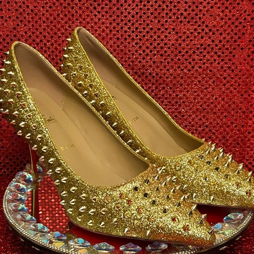 Christian Louboutin Gold Studded Women's Shoes Size 44 (US Women’s 12) - Picture 3 of 15